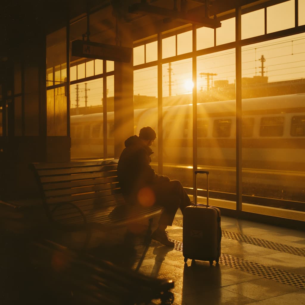 A solitary traveler on a golden-hour station platform, suitcase waiting for the unknown departure.